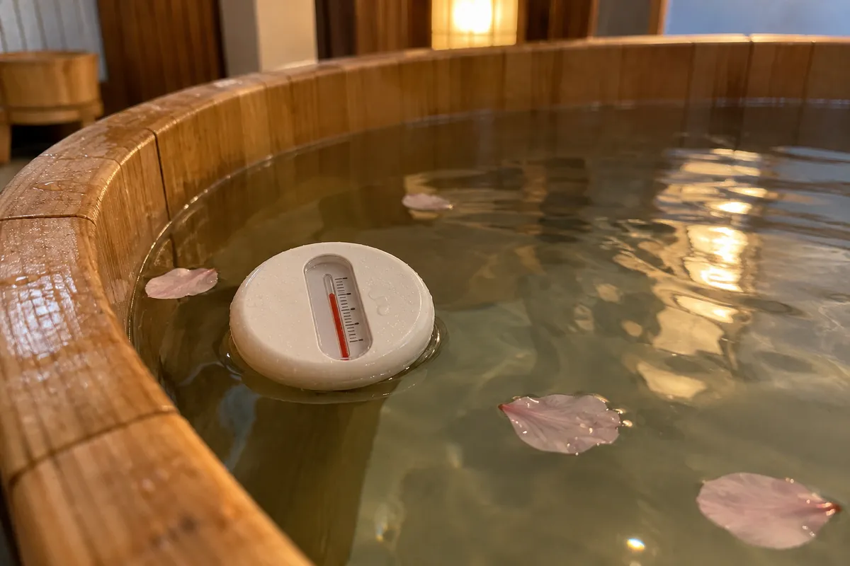 Termômetro flutuante na água do ofurô de madeira, com pétalas boiando.