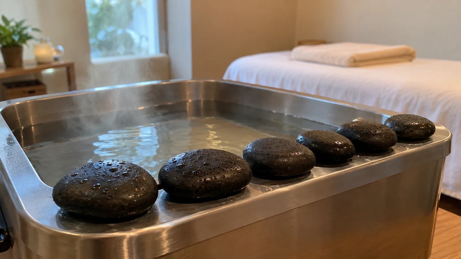 Aquecedor de pedras com água e pedras escuras dentro.