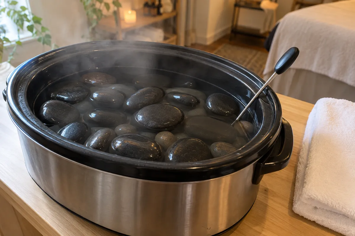 Aquecedor de pedras de inox aberto, com pedras escuras na água quente e pegador de metal.
