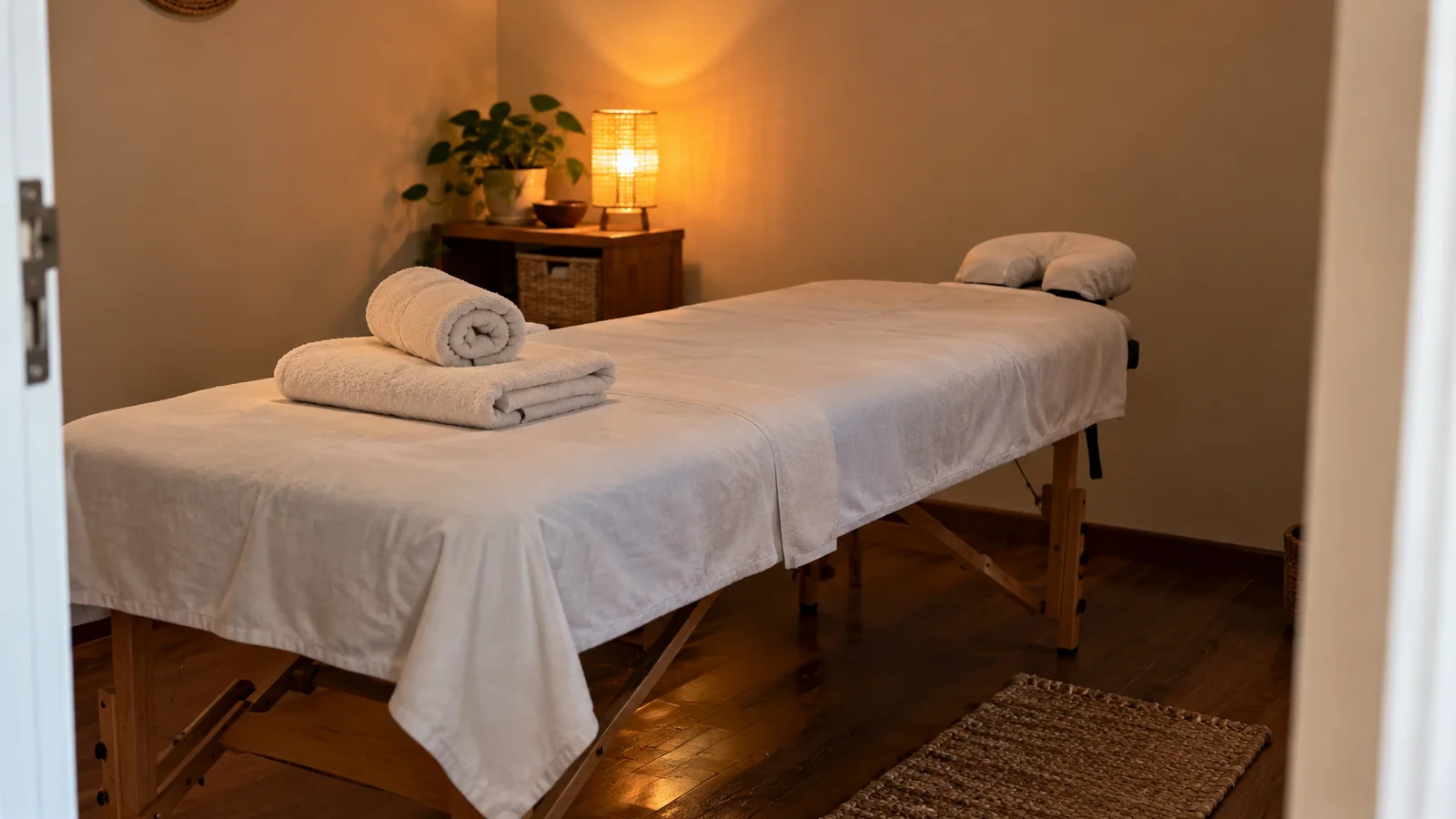 Sala de massagem preparada, com luminária acesa ao lado da maca.