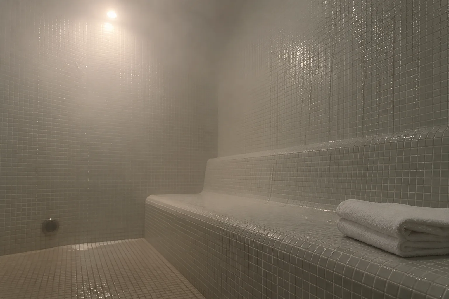 Sauna a vapor de azulejo branco, com banco e toalha, tomada pelo vapor.